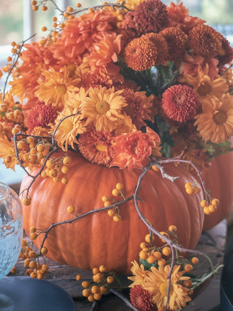 A close-up photograph of a fall floral arrangement centered around a large orange pumpkin. The arrangement features a dense collection of orange and rust-colored chrysanthemums in full bloom, with both single-petaled and pom-pom varieties. Small yellow-orange berries are scattered throughout the arrangement, attached to thin brown branches that weave between the flowers. 