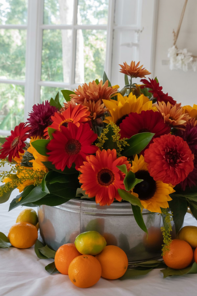 A vibrant floral arrangement in a silver metal container sits on a white tablecloth. The arrangement features large red gerbera daisies, bright orange sunflowers, deep burgundy chrysanthemums, and coral-colored daisies. Fresh green leaves and stems are interspersed throughout the arrangement.