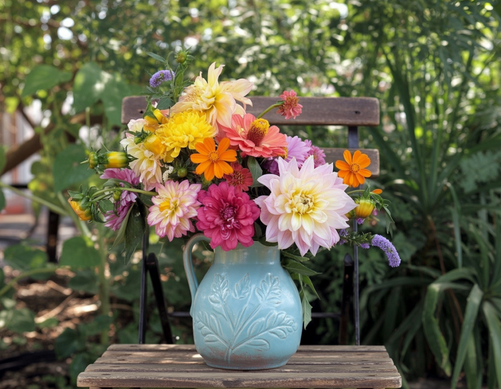 A vibrant floral arrangement in a light blue ceramic pitcher vase with embossed leaf patterns, placed on a wooden folding chair. The arrangement features a diverse mix of flowers including large yellow dahlias, coral gerbera daisies, pink cosmos, and white dahlia blooms.