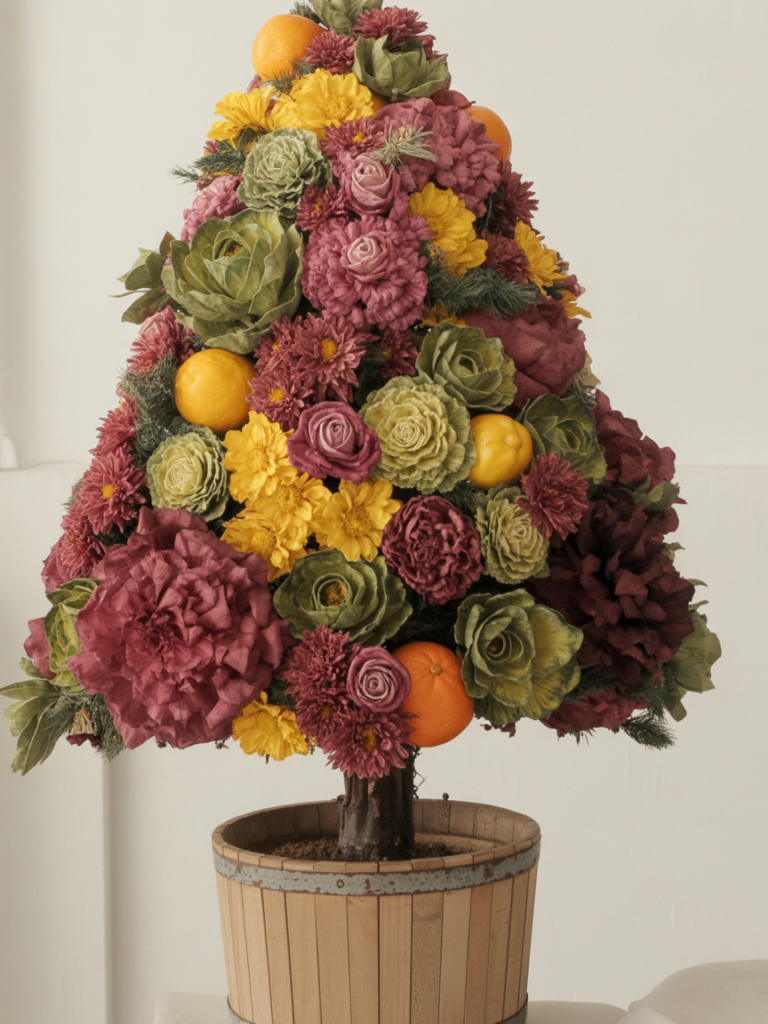 A topiary-style floral arrangement in the shape of a Christmas tree, crafted from dried flowers and fruits. The arrangement features a dense collection of burgundy, yellow, and pink flowers including chrysanthemums, roses, and ornamental cabbage leaves.
