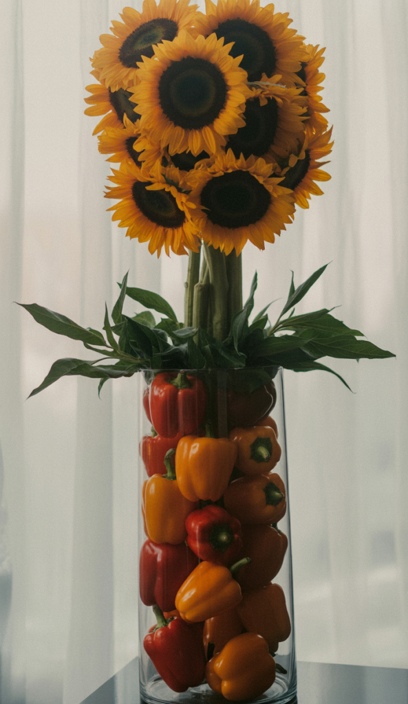 A tall glass cylindrical vase filled with a gradient arrangement of red and orange bell peppers, topped with a large bouquet of sunflowers. The sunflowers have vibrant yellow petals and dark brown centers, creating a striking contrast against the white background.