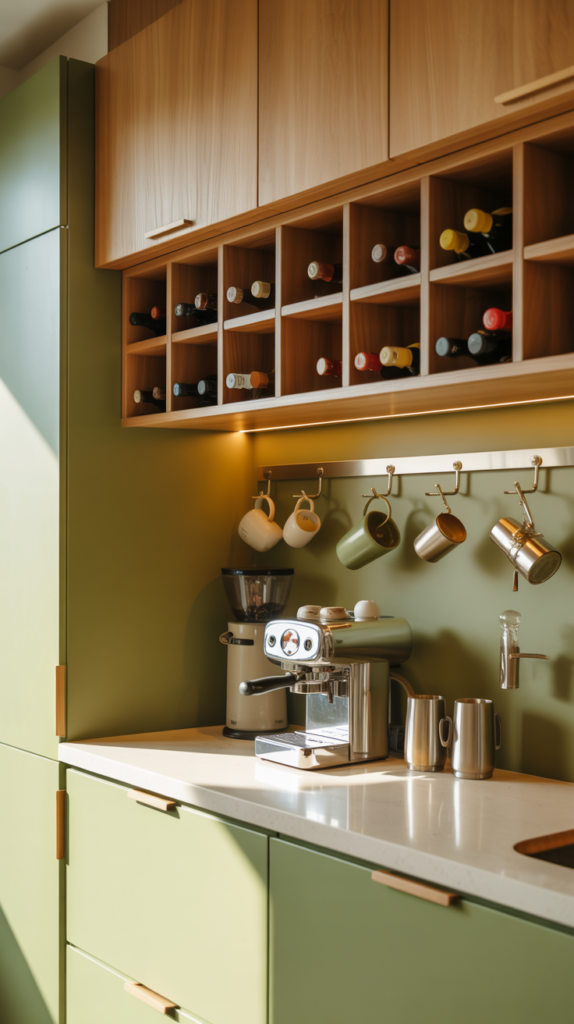 Compact coffee and wine station built above a kitchen counter. White oak upper cabinets with cubbies for wine bottles, under-cabinet LED lights casting warm tones over a cream quartz counter.
Mugs hang from brushed nickel hooks; espresso machine and bottle opener on display. Muted green wall behind adds color contrast.