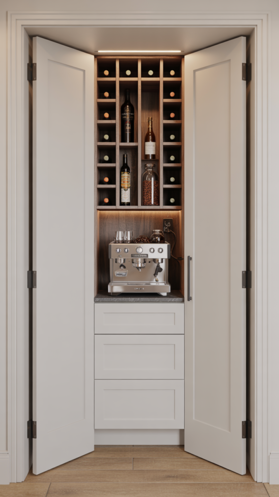 Secret coffee and wine bar tucked inside a pantry with white Shaker cabinetry and bifold doors open. Sleek espresso machine, built-in outlet, narrow vertical wine cubbies, and glass jars of beans.
Matte black hardware, light oak floor, and LED strip lighting create a modern concealed workspace.