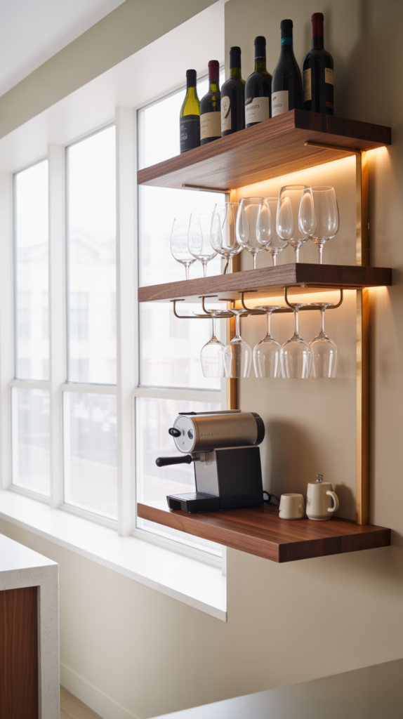 Ultra-modern wall-mounted coffee and wine bar in a narrow kitchen. Floating walnut shelves against a matte white wall, brushed brass stemware rack, compact black espresso machine, small wine collection on display. Ambient under-shelf LED lighting with soft golden glow.