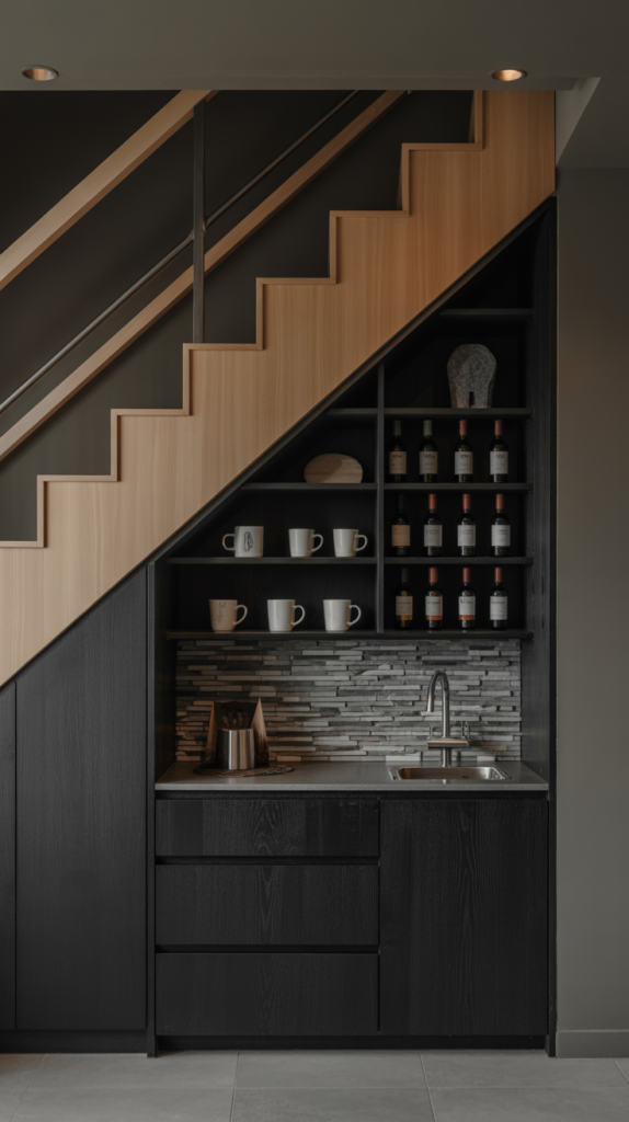 Built-in coffee and wine bar under a modern staircase. Black oak cabinetry with integrated shelving for mugs and bottles, stone mosaic backsplash, and recessed lighting.
Staircase above is light oak with metal railings. Subtle warm glow from recessed lights gives moody evening atmosphere.